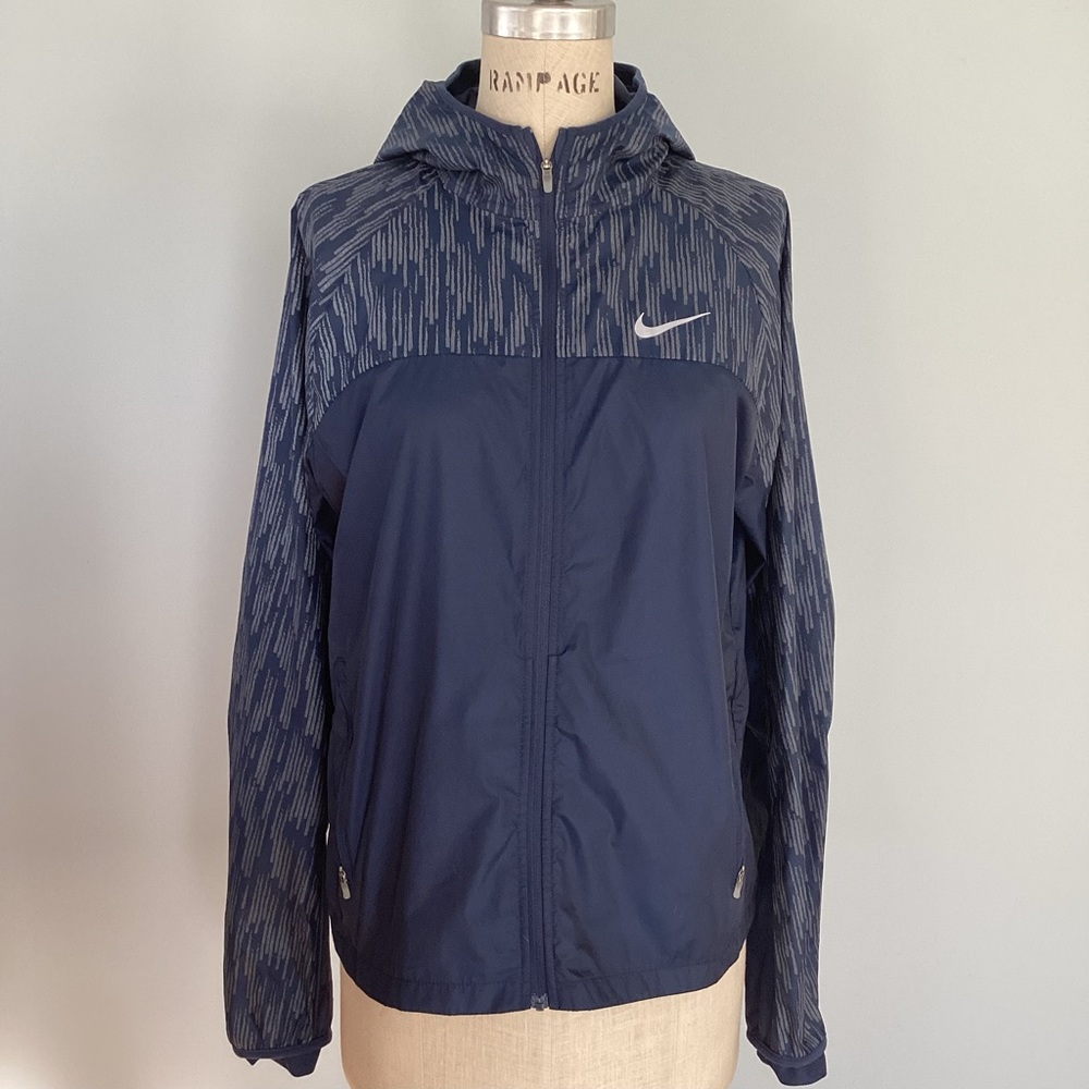Nike Running Fit Navy Hooded Windbreaker Jacket Size Large
